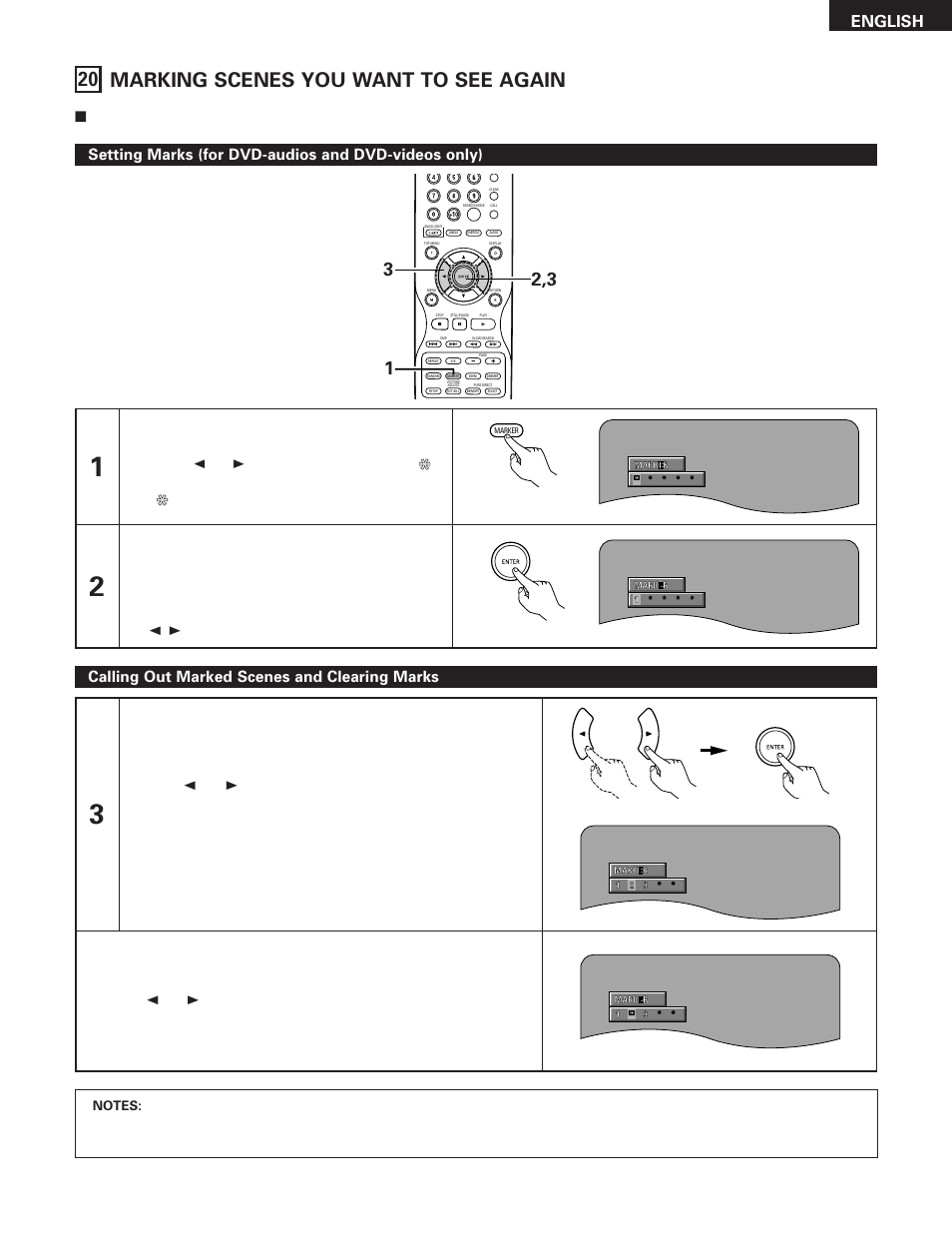 20 marking scenes you want to see again, English, Setting marks (for dvd-audios and dvd-videos only) | Calling out marked scenes and clearing marks | Denon DVD-5910 User Manual | Page 75 / 86