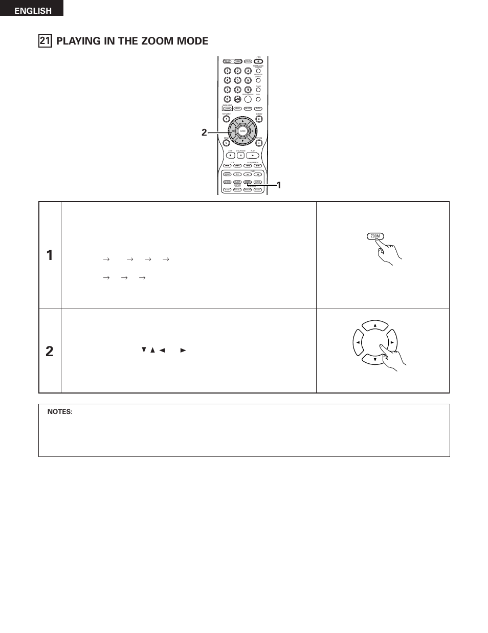 21 playing in the zoom mode, English, Use the cursor buttons (ª | Remote control unit | Denon DVD-5910 User Manual | Page 76 / 86