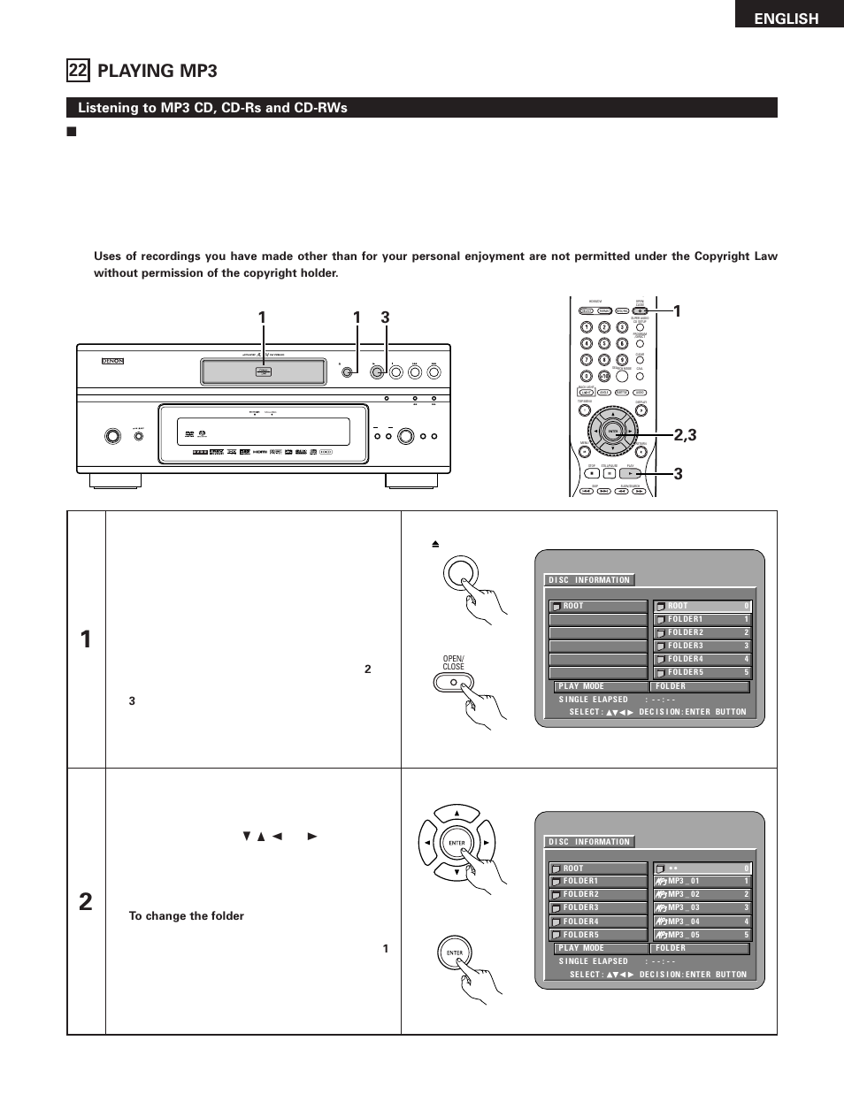 22 playing mp3, English, Listening to mp3 cd, cd-rs and cd-rws | On / standby, Use the cursor buttons (ª | Denon DVD-5910 User Manual | Page 77 / 86