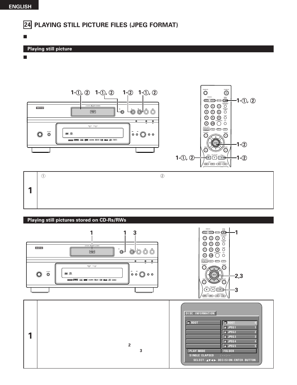 24 playing still picture files (jpeg format), English, Playing still picture | Playing still pictures stored on cd-rs/rws, On / standby | Denon DVD-5910 User Manual | Page 80 / 86