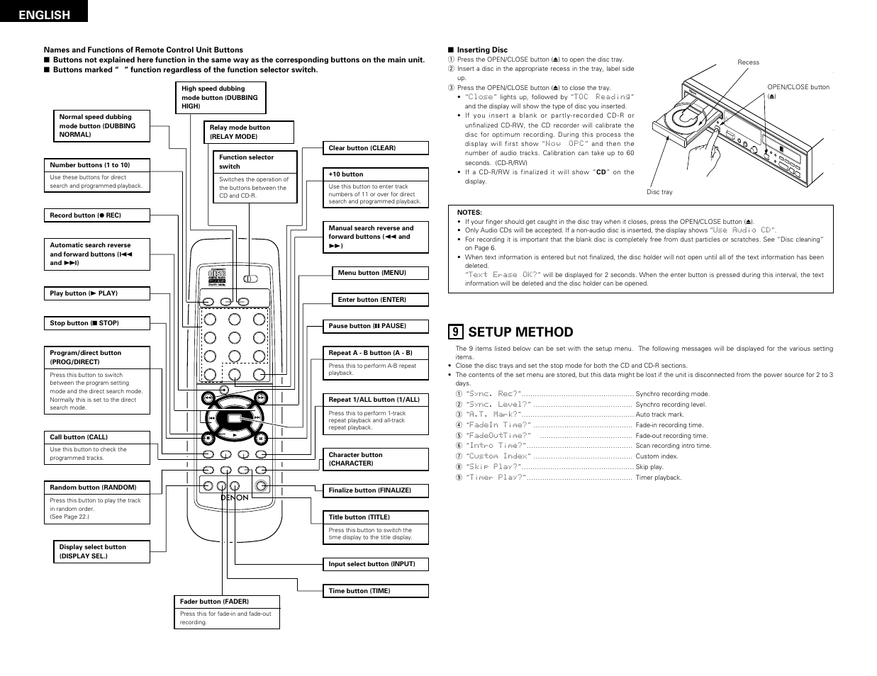 Setup method, English | Denon CDR-W1500 User Manual | Page 10 / 98