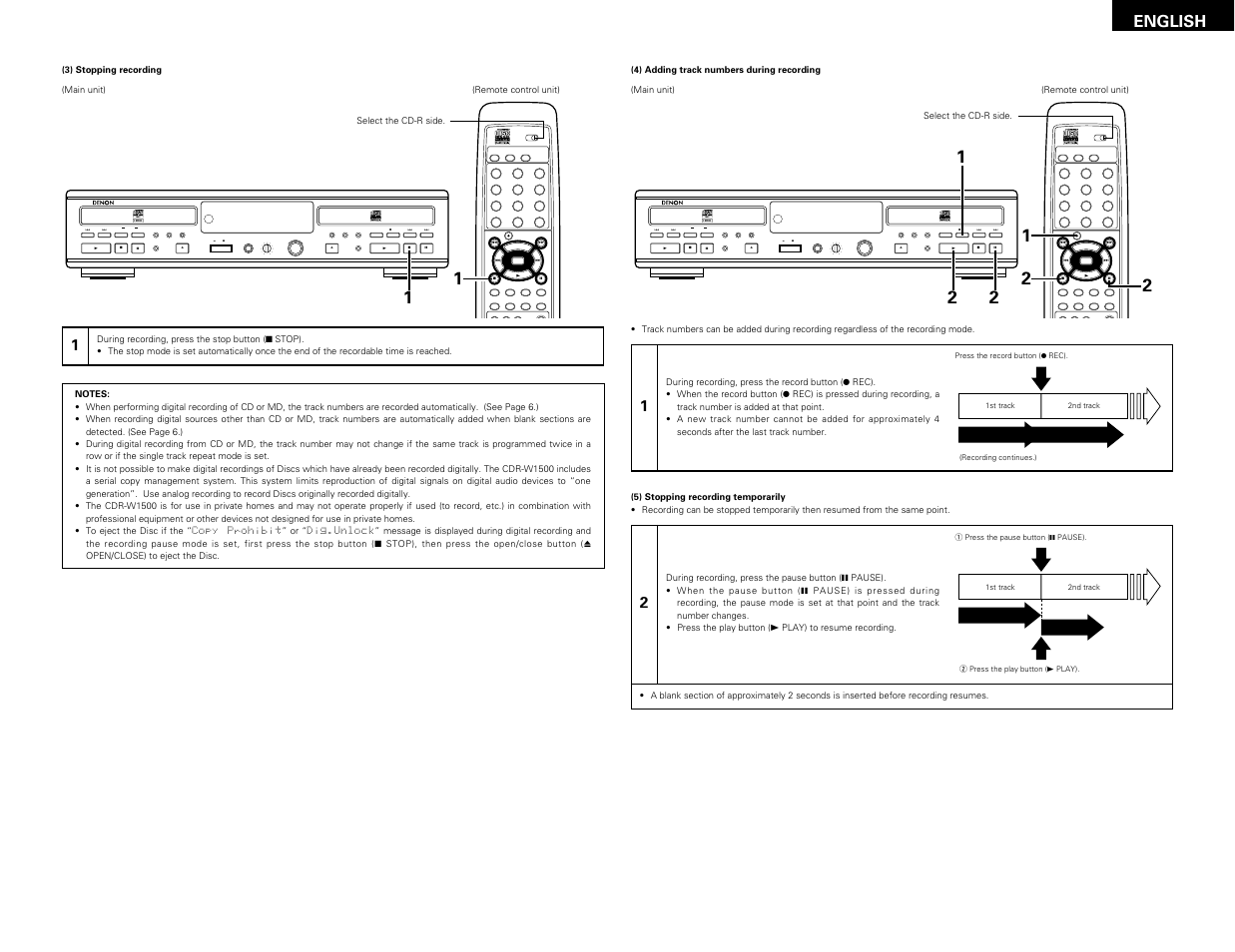 Remote sensor, English | Denon CDR-W1500 User Manual | Page 17 / 98