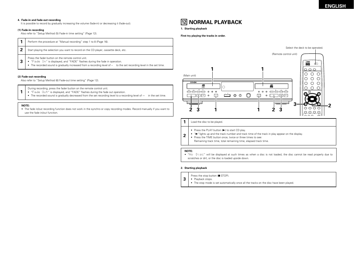 Normal playback, Remote sensor, English | Denon CDR-W1500 User Manual | Page 19 / 98