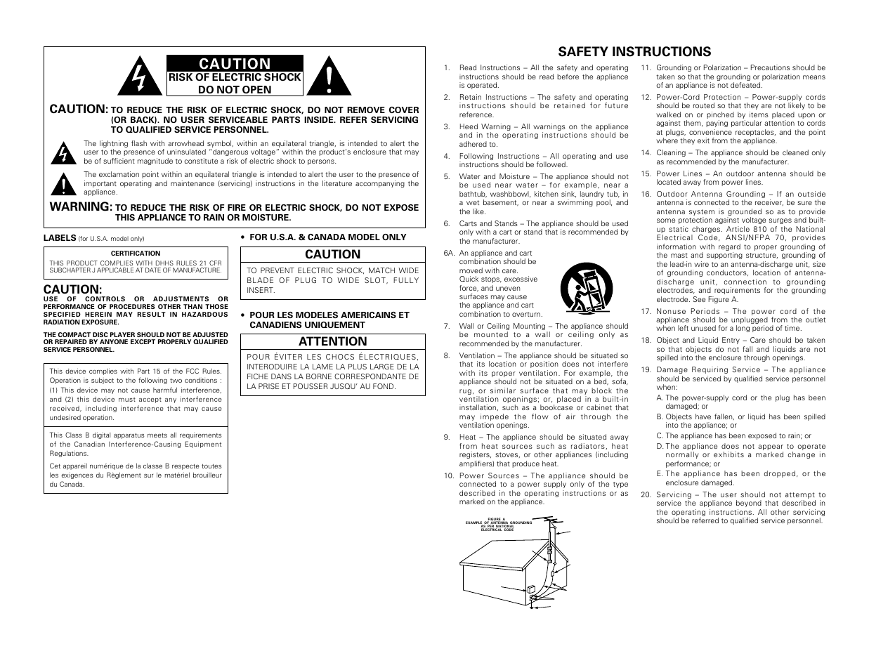 Safety instructions, Caution, Warning | Attention | Denon CDR-W1500 User Manual | Page 2 / 98