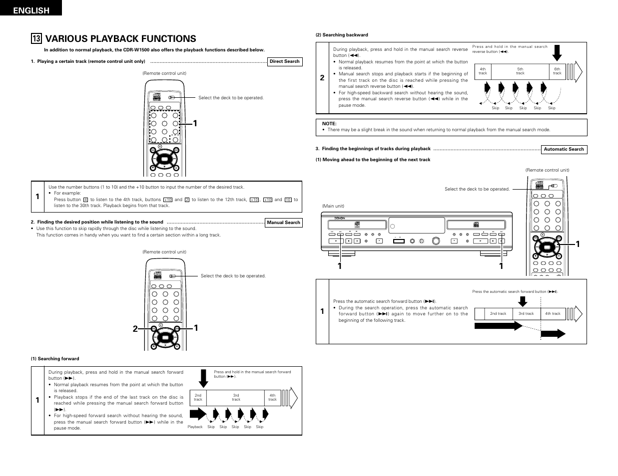 Various playback functions, Remote sensor, English | Denon CDR-W1500 User Manual | Page 20 / 98