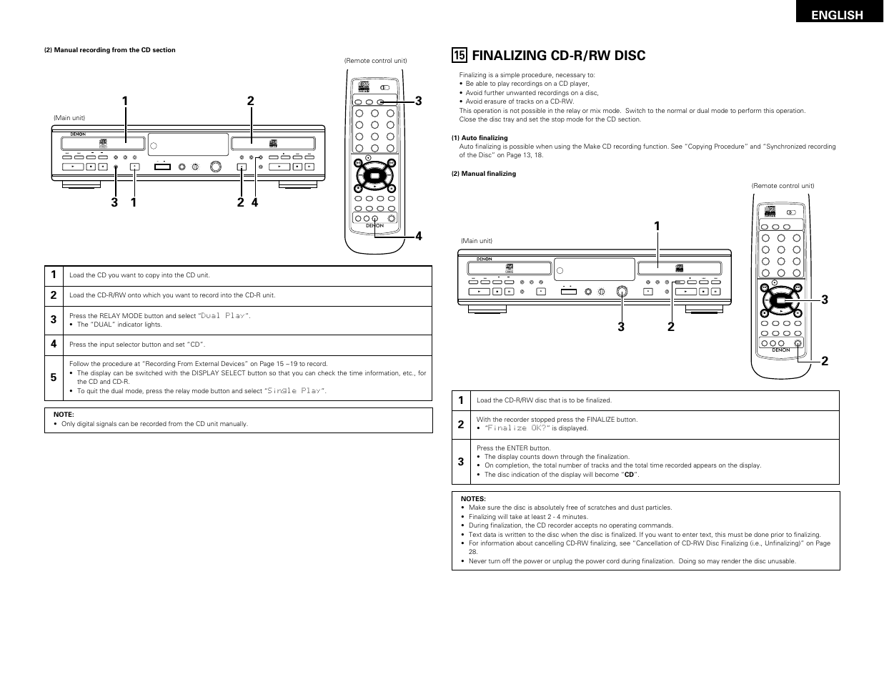 Finalizing cd-r/rw disc, Remote sensor, English | Denon CDR-W1500 User Manual | Page 27 / 98