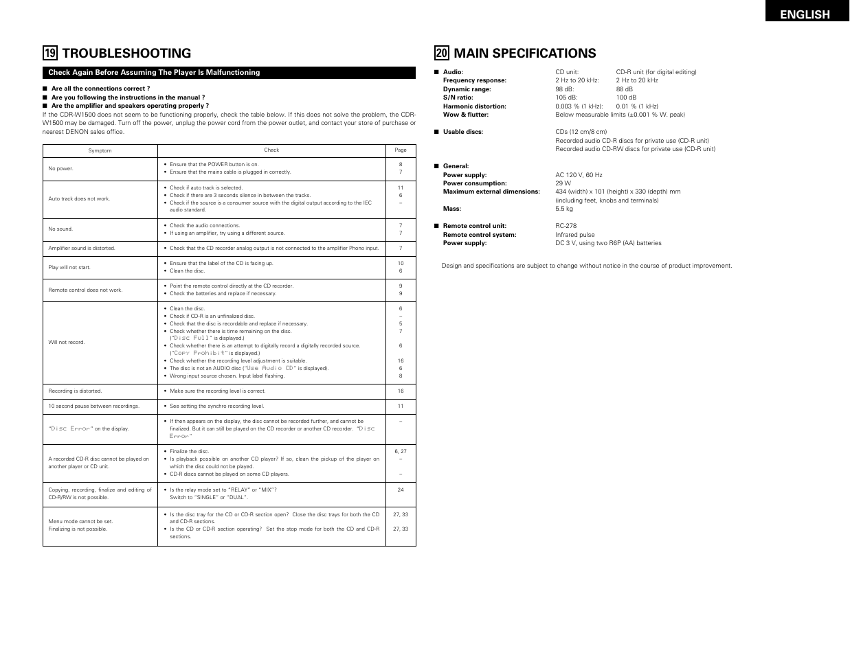 Troubleshooting, Main specifications, English | Denon CDR-W1500 User Manual | Page 35 / 98