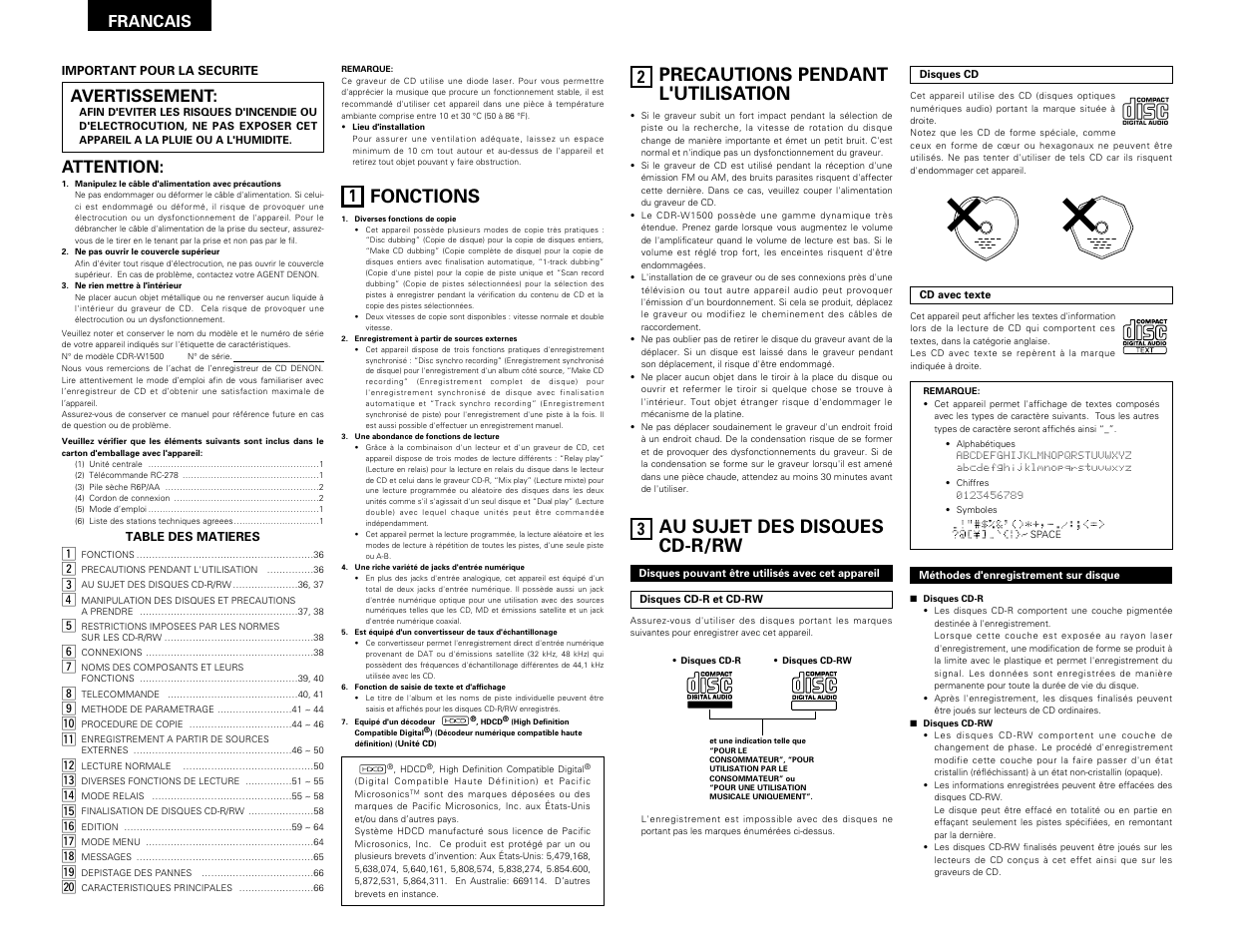 Francais, Fonctions, Precautions pendant l'utilisation | Au sujet des disques au sujet des disques, Au sujet des disques cd-r/rw, Avertissement, Attention | Denon CDR-W1500 User Manual | Page 36 / 98