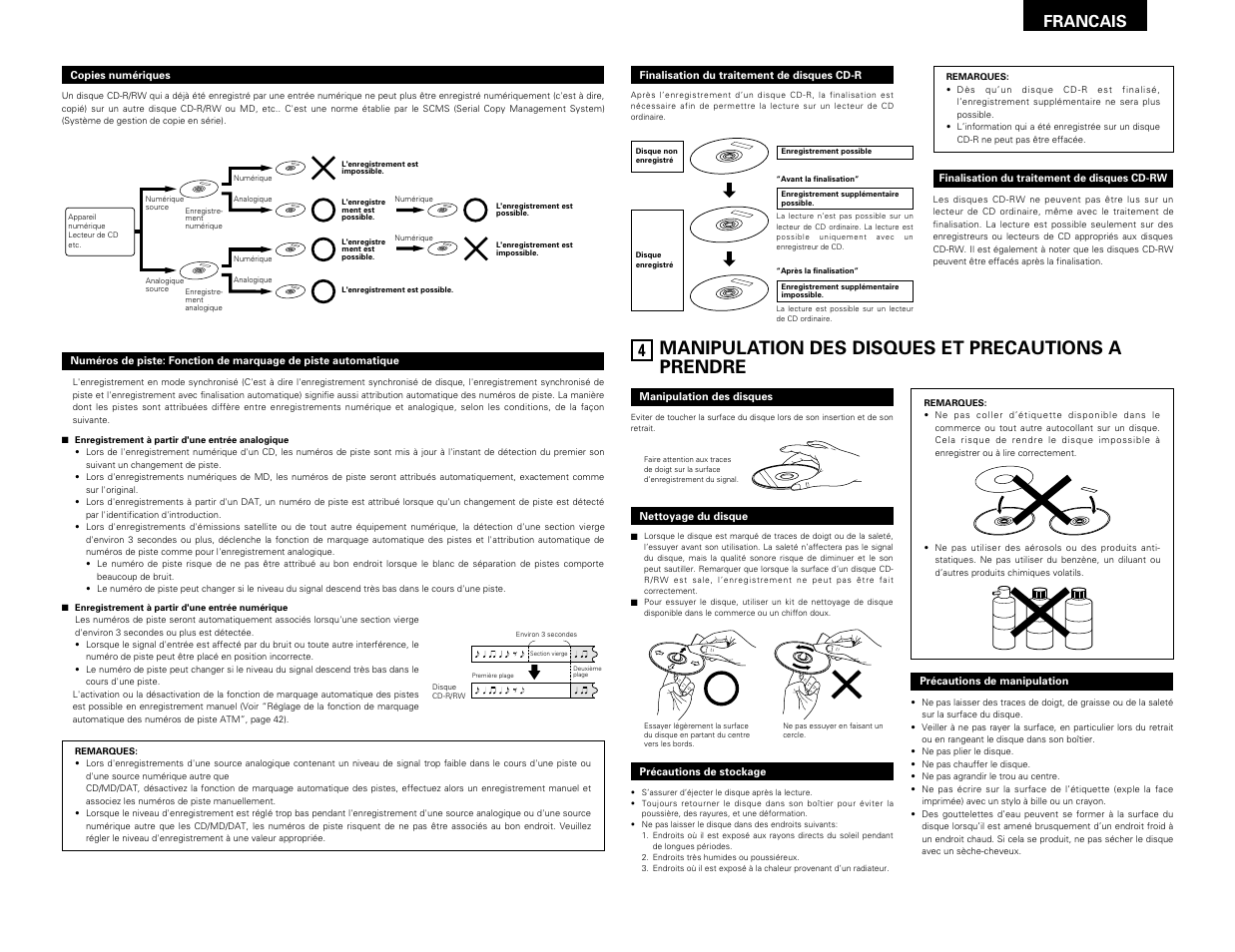 Manipulation des disques et precautions a prendre, Francais | Denon CDR-W1500 User Manual | Page 37 / 98