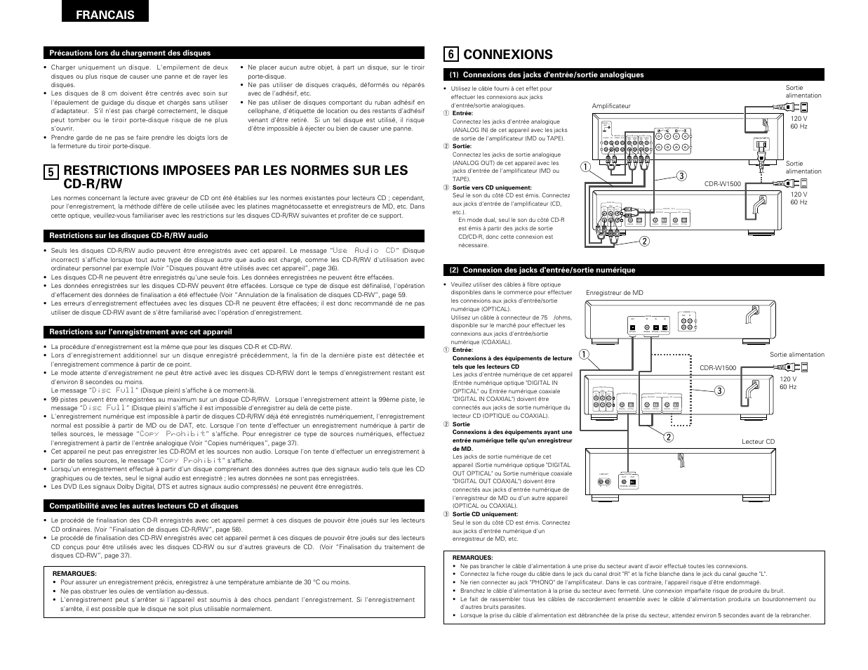 Connexions, Francais, We q | Qw e | Denon CDR-W1500 User Manual | Page 38 / 98