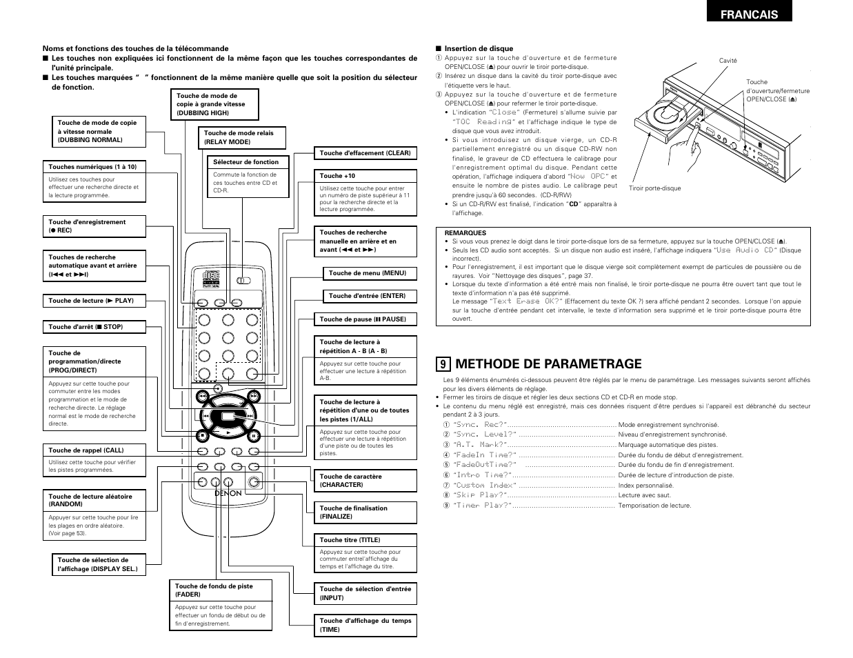 Methode de parametrage, Francais | Denon CDR-W1500 User Manual | Page 41 / 98