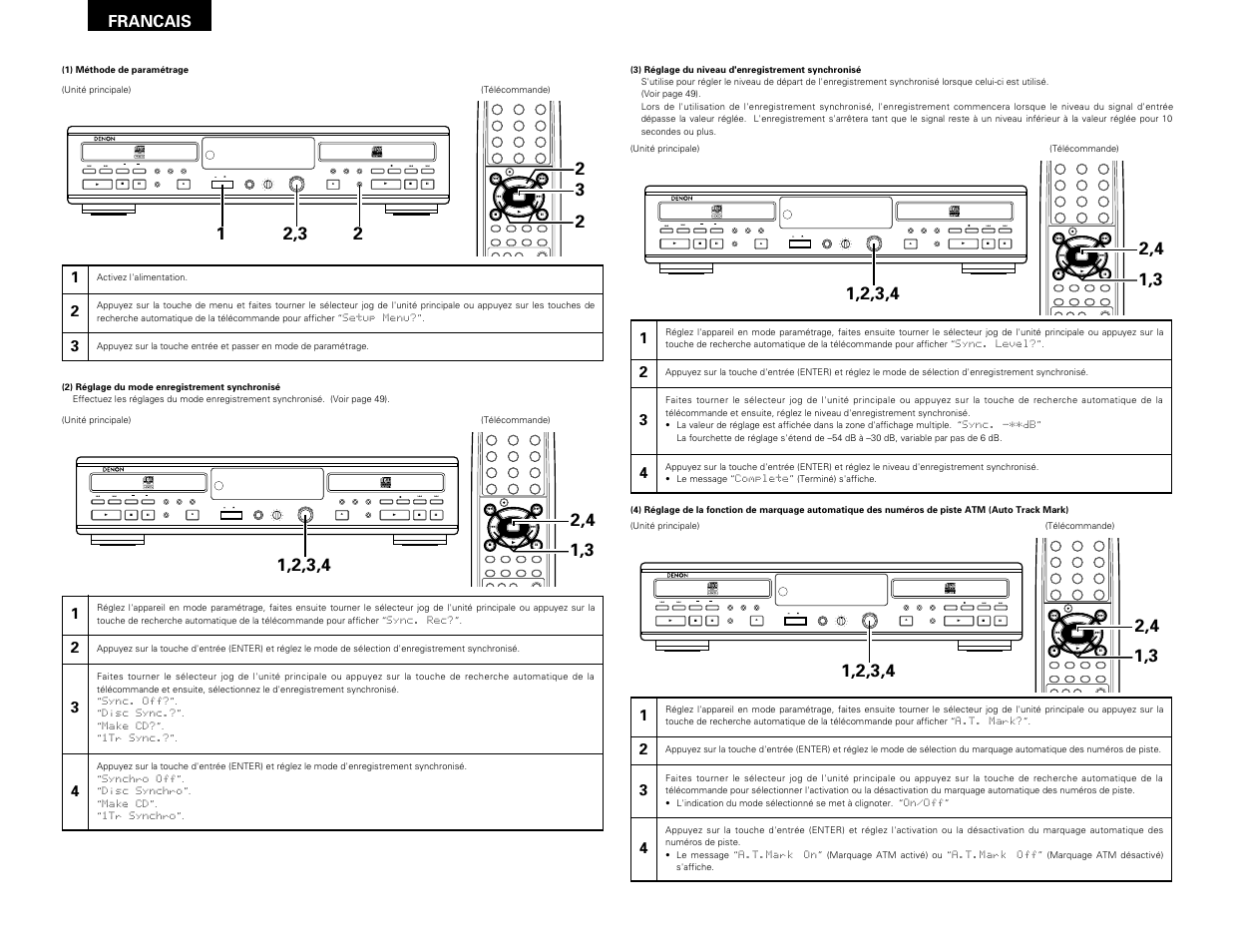 Remote sensor, Francais | Denon CDR-W1500 User Manual | Page 42 / 98