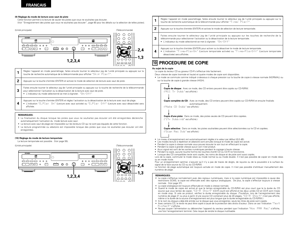 Procedure de copie, Remote sensor, Francais | Denon CDR-W1500 User Manual | Page 44 / 98