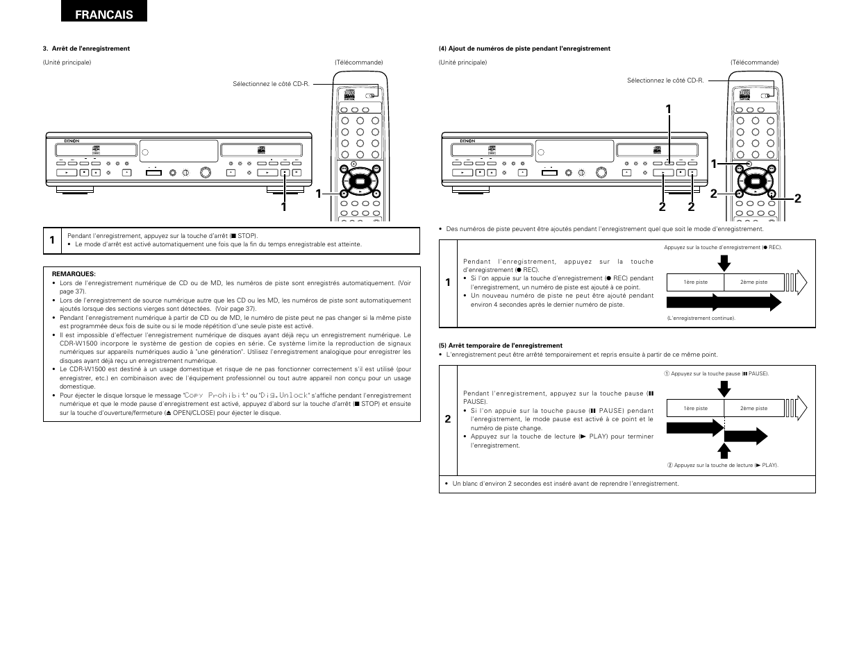 Remote sensor, Francais | Denon CDR-W1500 User Manual | Page 48 / 98