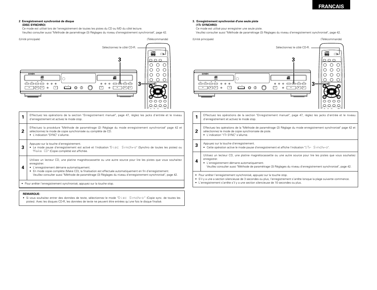 Remote sensor, Francais | Denon CDR-W1500 User Manual | Page 49 / 98