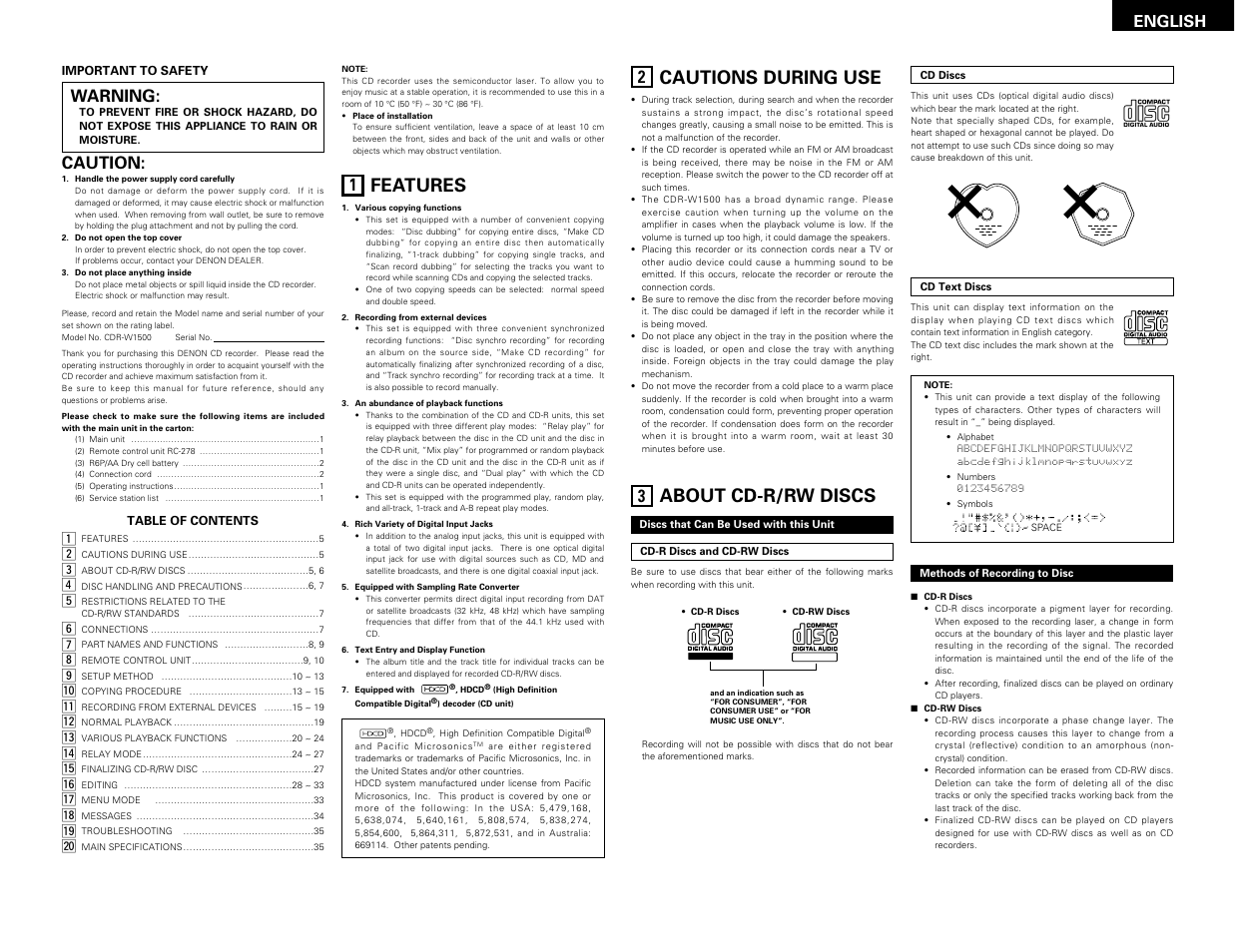 English, Features, Cautions during use | About cd-r/rw discs, Warning, Caution | Denon CDR-W1500 User Manual | Page 5 / 98