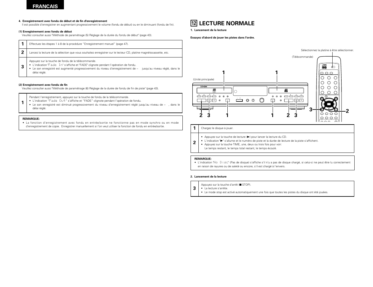 Lecture normale, Remote sensor, Francais | Denon CDR-W1500 User Manual | Page 50 / 98