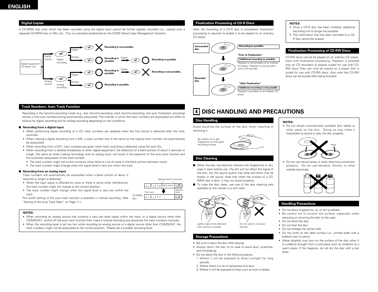 Disc handling and precautions, English | Denon CDR-W1500 User Manual | Page 6 / 98