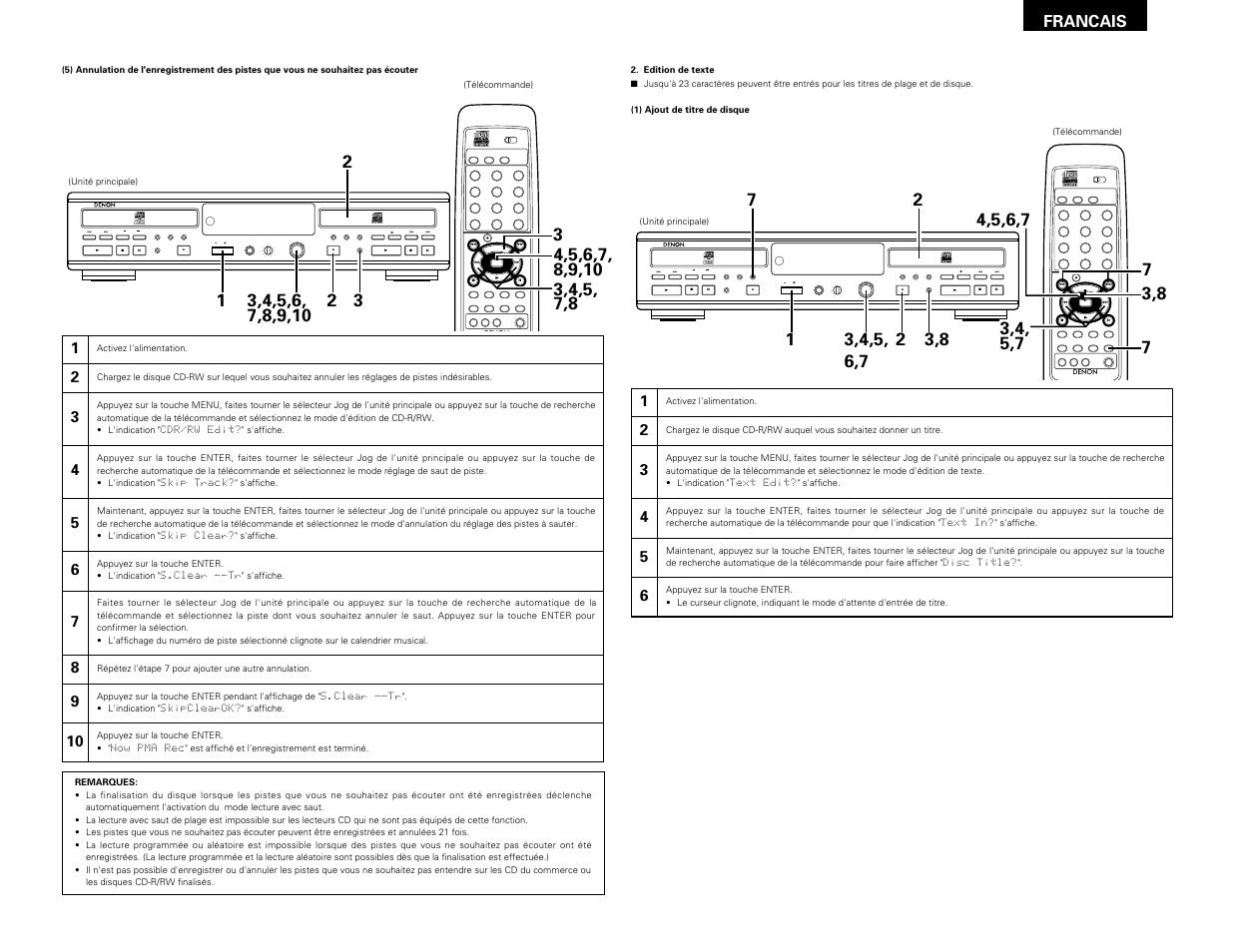 Remote sensor, Francais | Denon CDR-W1500 User Manual | Page 61 / 98