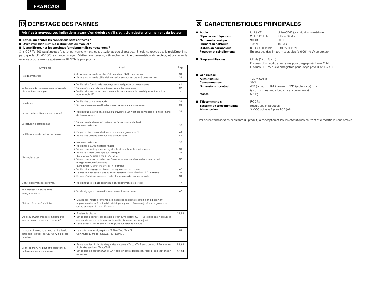 Depistage des pannes, Caracteristiques principales, Francais | Denon CDR-W1500 User Manual | Page 66 / 98