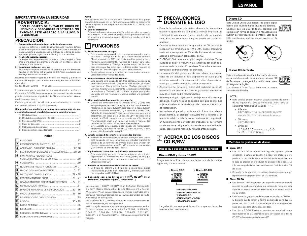 Español, Funciones, Precauciones durante el uso | Acerca de los discos cd-r/rw, Advertencia, Precaución | Denon CDR-W1500 User Manual | Page 67 / 98