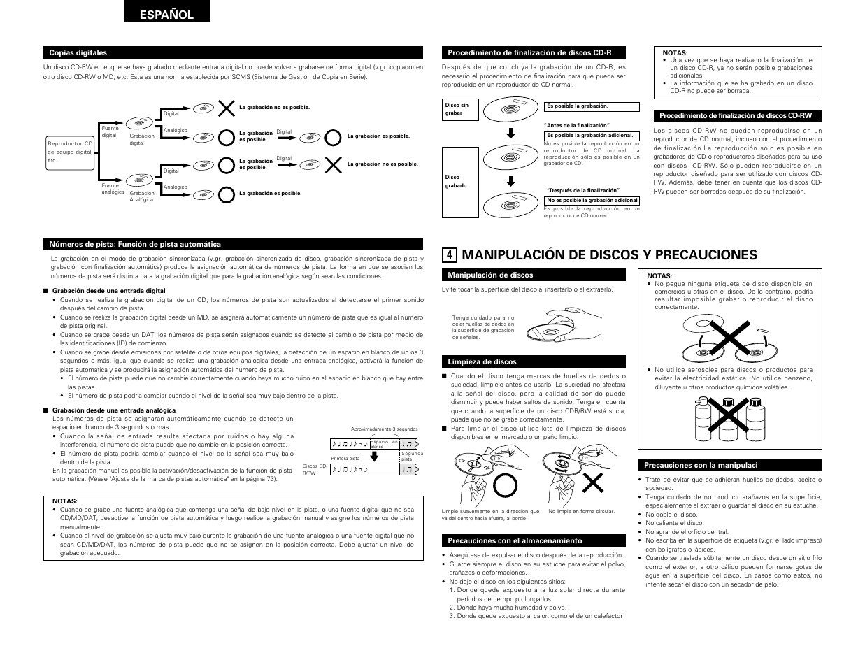 Manipulación de discos y precauciones, Español | Denon CDR-W1500 User Manual | Page 68 / 98