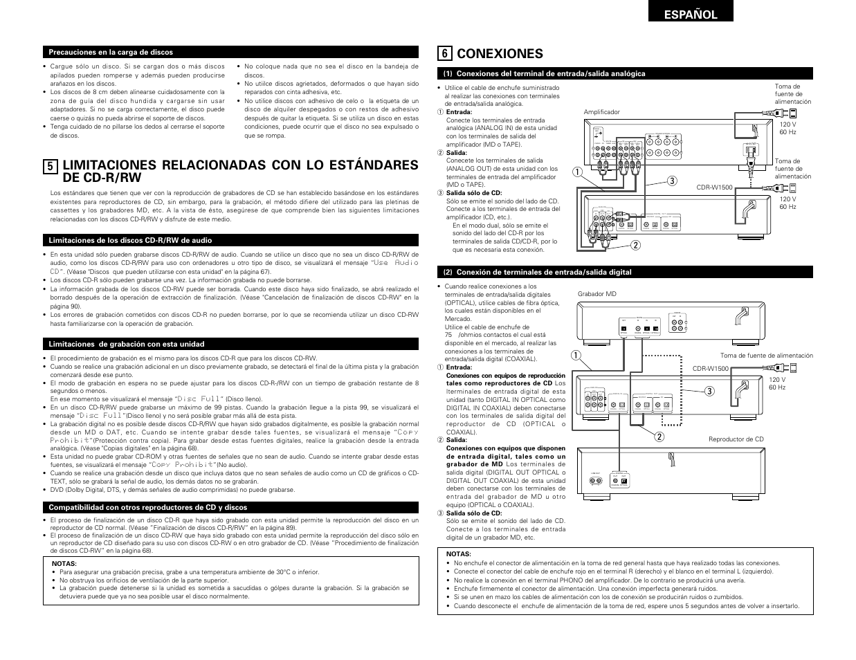 Conexiones, Español, We q | Qw e | Denon CDR-W1500 User Manual | Page 69 / 98