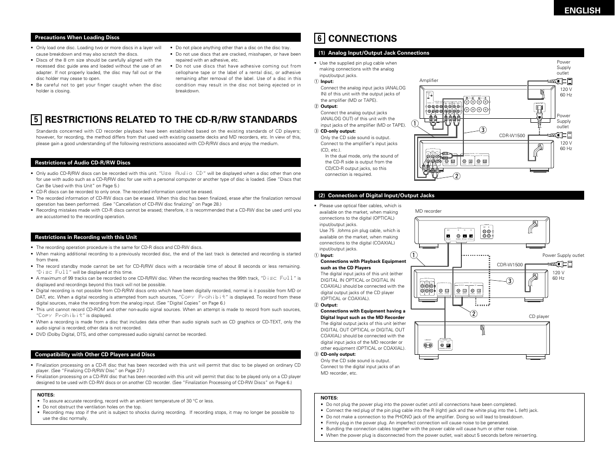 Restrictions related to the cd-r/rw standards, Connections, English | We q, Qw e | Denon CDR-W1500 User Manual | Page 7 / 98