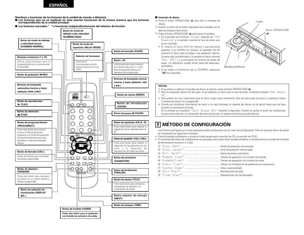 Método de configuración, Español | Denon CDR-W1500 User Manual | Page 72 / 98