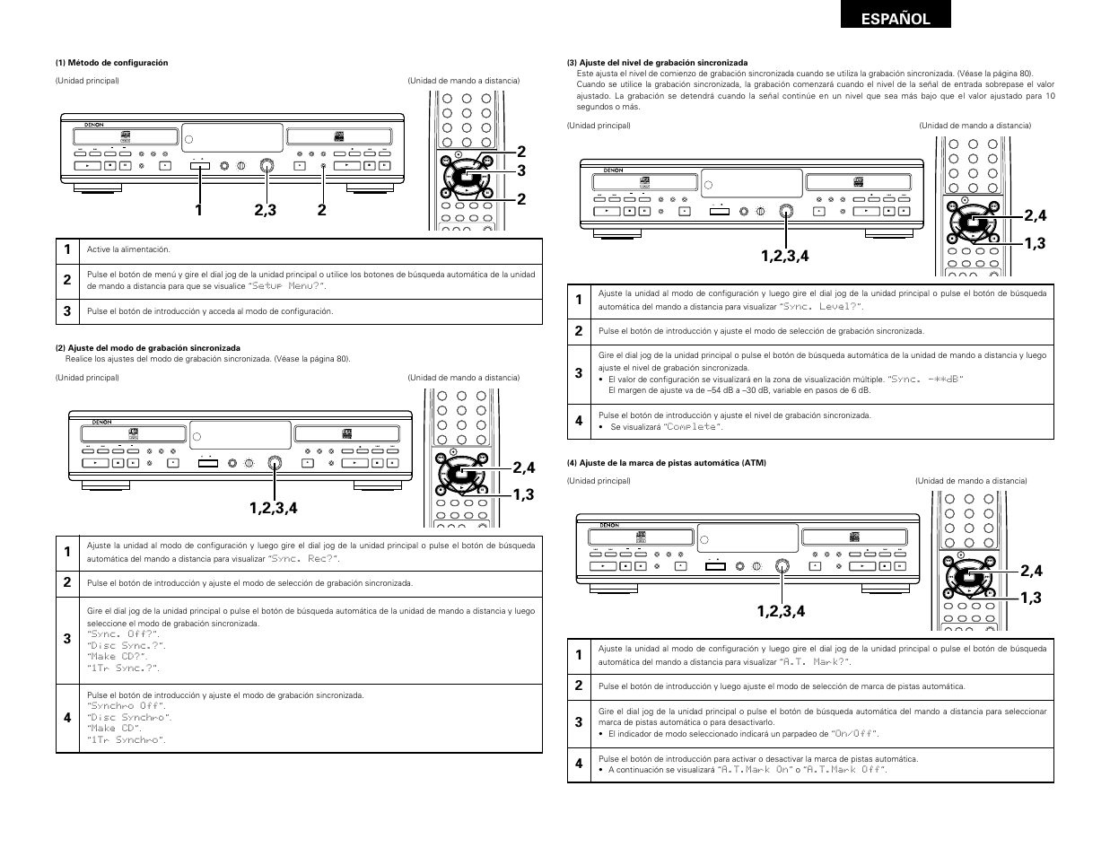 Remote sensor, Español | Denon CDR-W1500 User Manual | Page 73 / 98