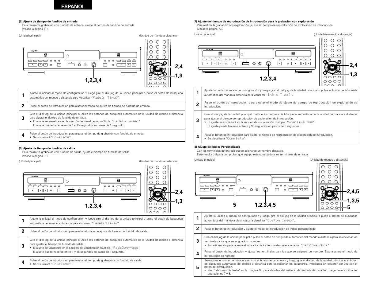 Remote sensor, Español | Denon CDR-W1500 User Manual | Page 74 / 98