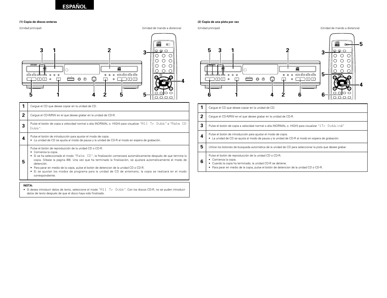 Remote sensor, Español | Denon CDR-W1500 User Manual | Page 76 / 98