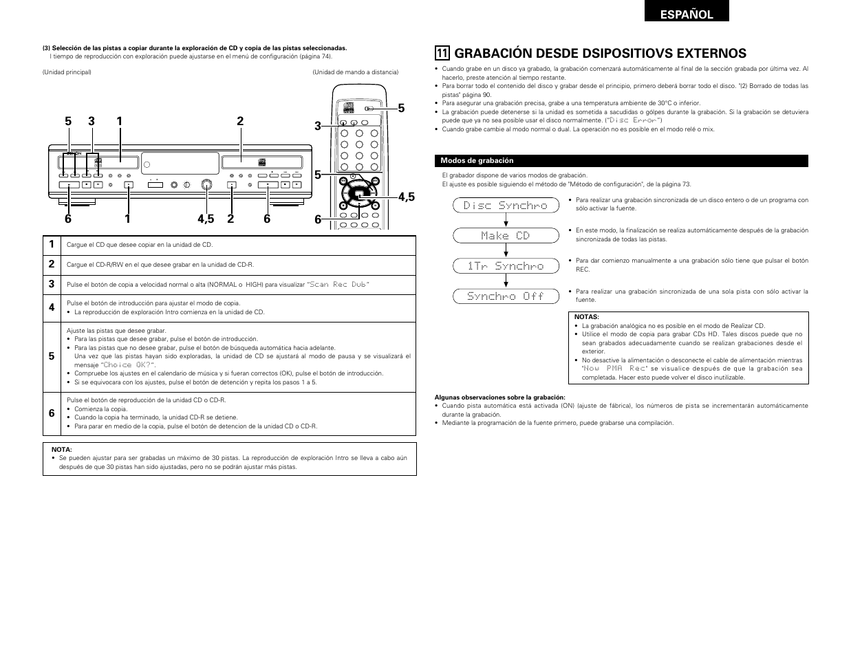 Grabación desde dsipositiovs externos, Remote sensor, Español | Denon CDR-W1500 User Manual | Page 77 / 98