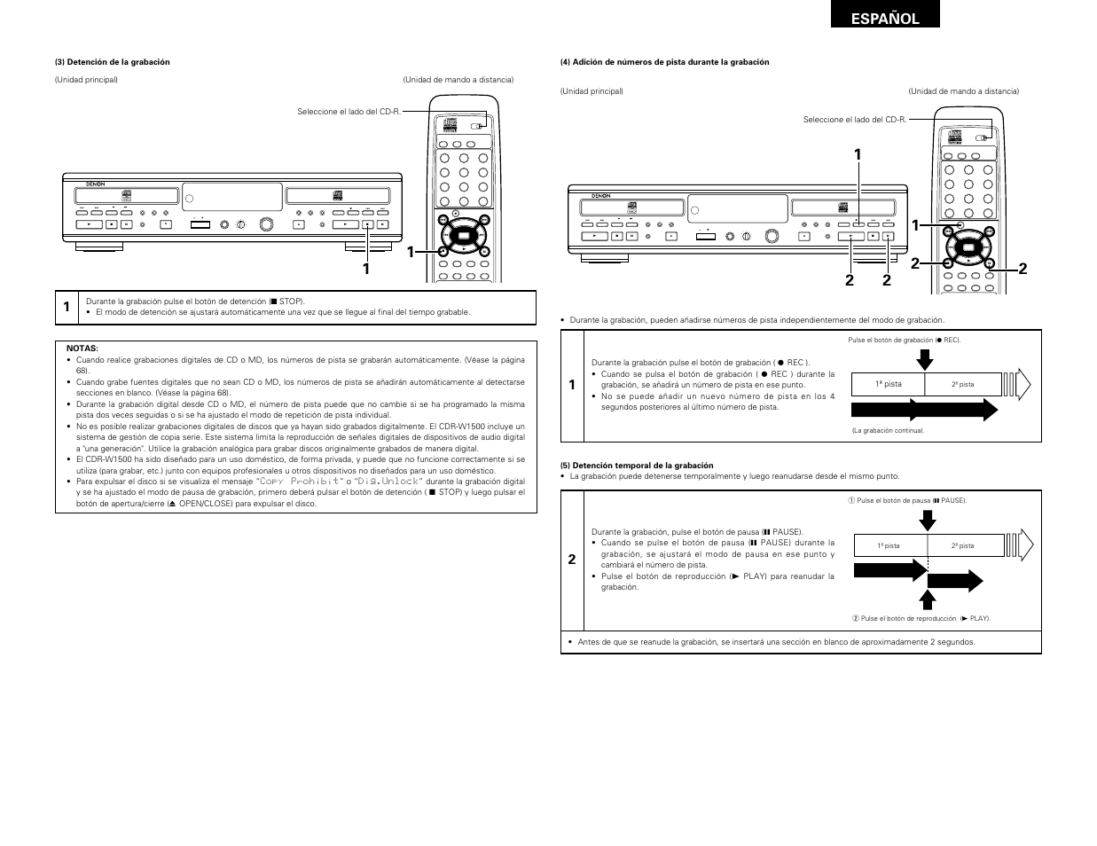 Remote sensor, Español | Denon CDR-W1500 User Manual | Page 79 / 98