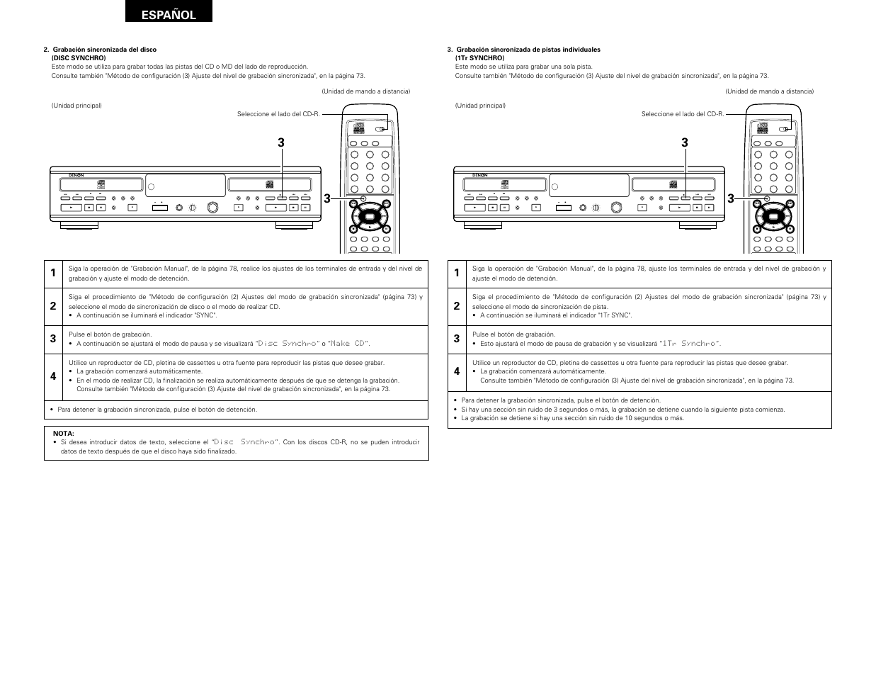 Remote sensor, Español | Denon CDR-W1500 User Manual | Page 80 / 98