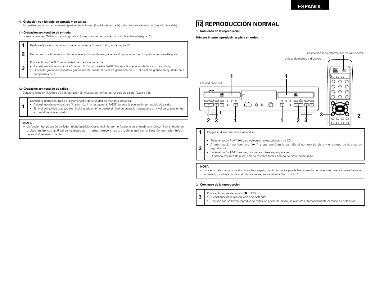 Reproducción normal, Remote sensor, Español | Denon CDR-W1500 User Manual | Page 81 / 98