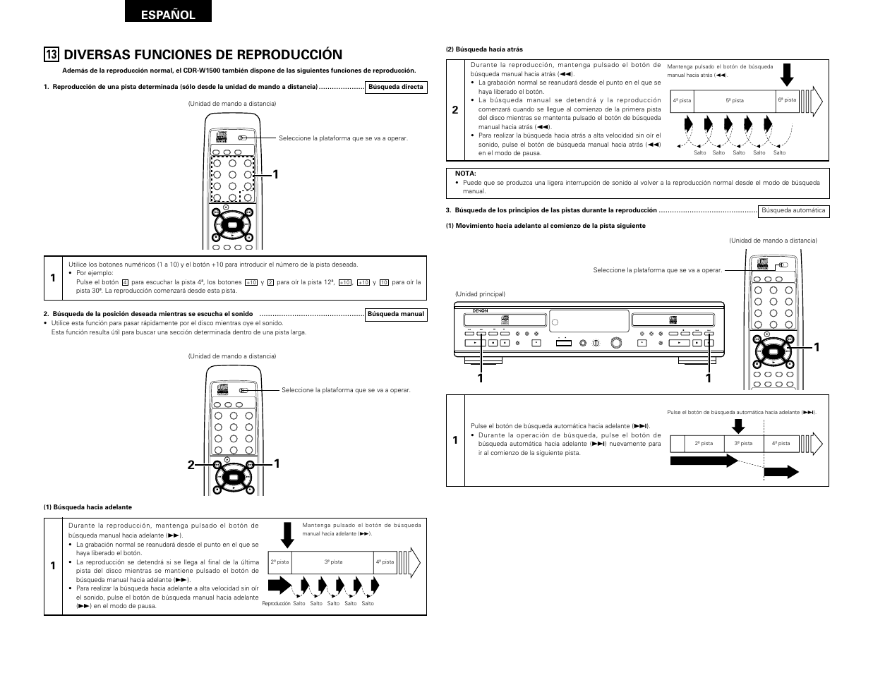 Diversas funciones de reproducción, Remote sensor, Español | Denon CDR-W1500 User Manual | Page 82 / 98