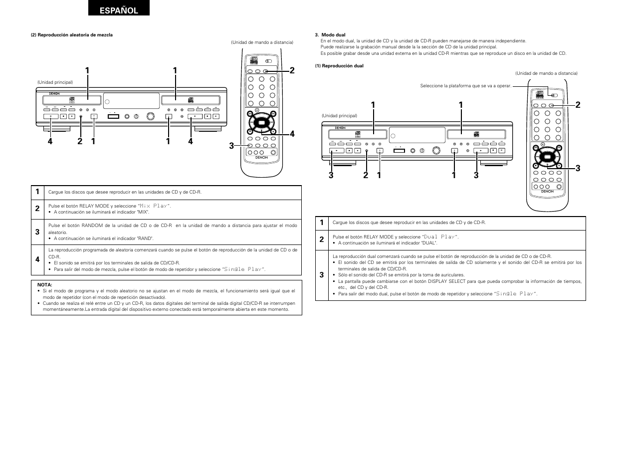 Remote sensor, Español | Denon CDR-W1500 User Manual | Page 88 / 98
