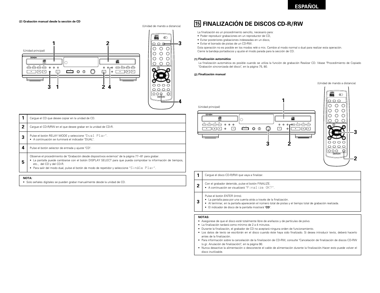 Finalización de discos cd-r/rw, Remote sensor, Español | Denon CDR-W1500 User Manual | Page 89 / 98