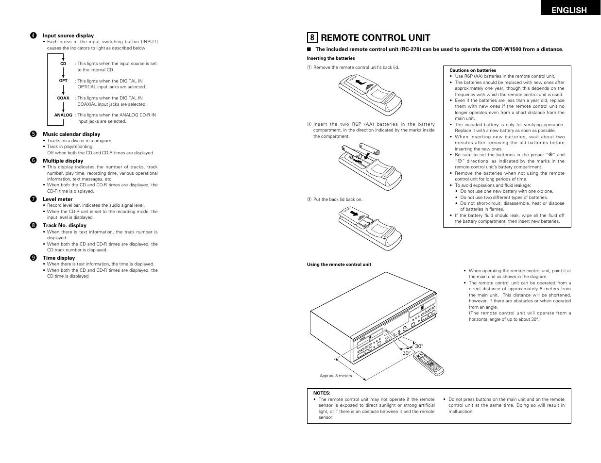 Remote control unit | Denon CDR-W1500 User Manual | Page 9 / 98