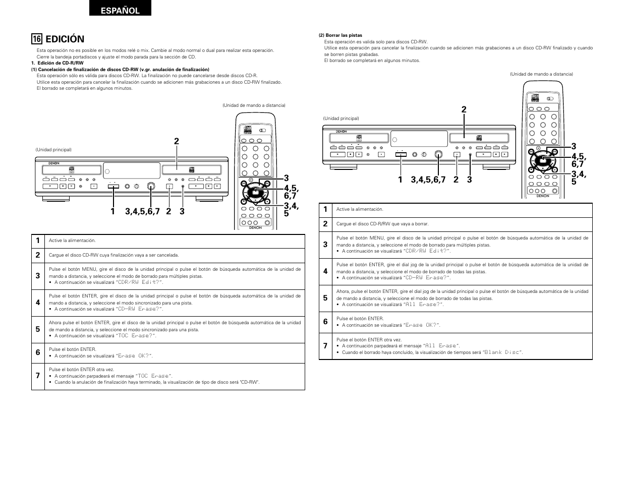 Edición, Remote sensor, Español | Denon CDR-W1500 User Manual | Page 90 / 98