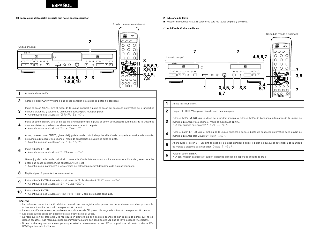 Remote sensor, Español | Denon CDR-W1500 User Manual | Page 92 / 98