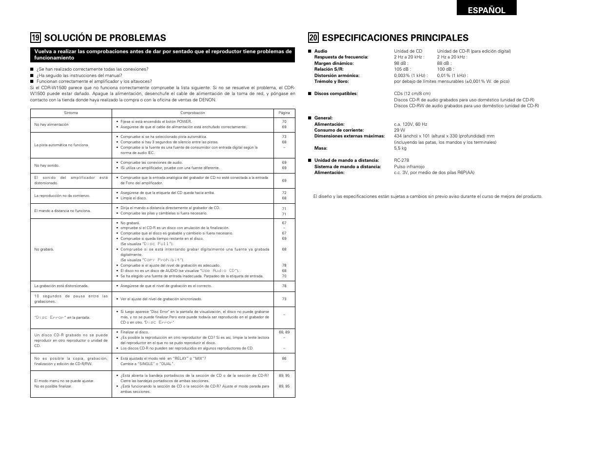 Solución de problemas, Especificaciones principales, Español | Denon CDR-W1500 User Manual | Page 97 / 98