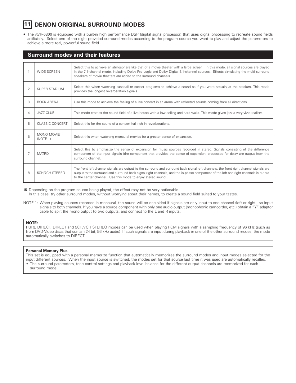 11 denon original surround modes, Surround modes and their features | Denon AVR-5800 User Manual | Page 48 / 67