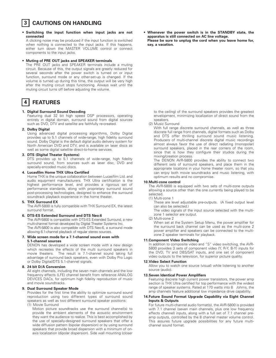 3cautions on handling 4 features | Denon AVR-5800 User Manual | Page 5 / 67