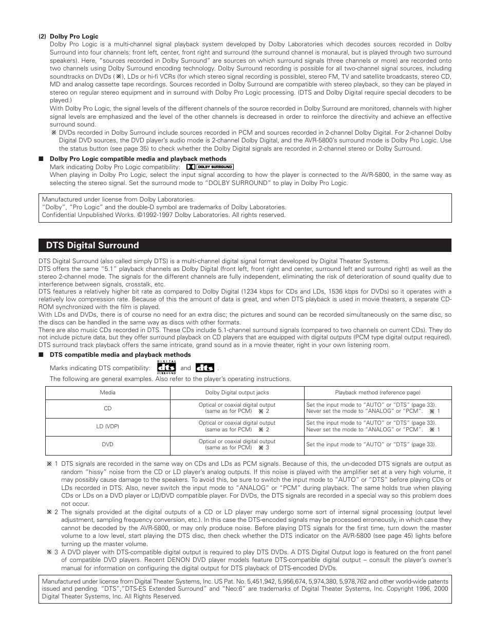 Dts digital surround | Denon AVR-5800 User Manual | Page 61 / 67