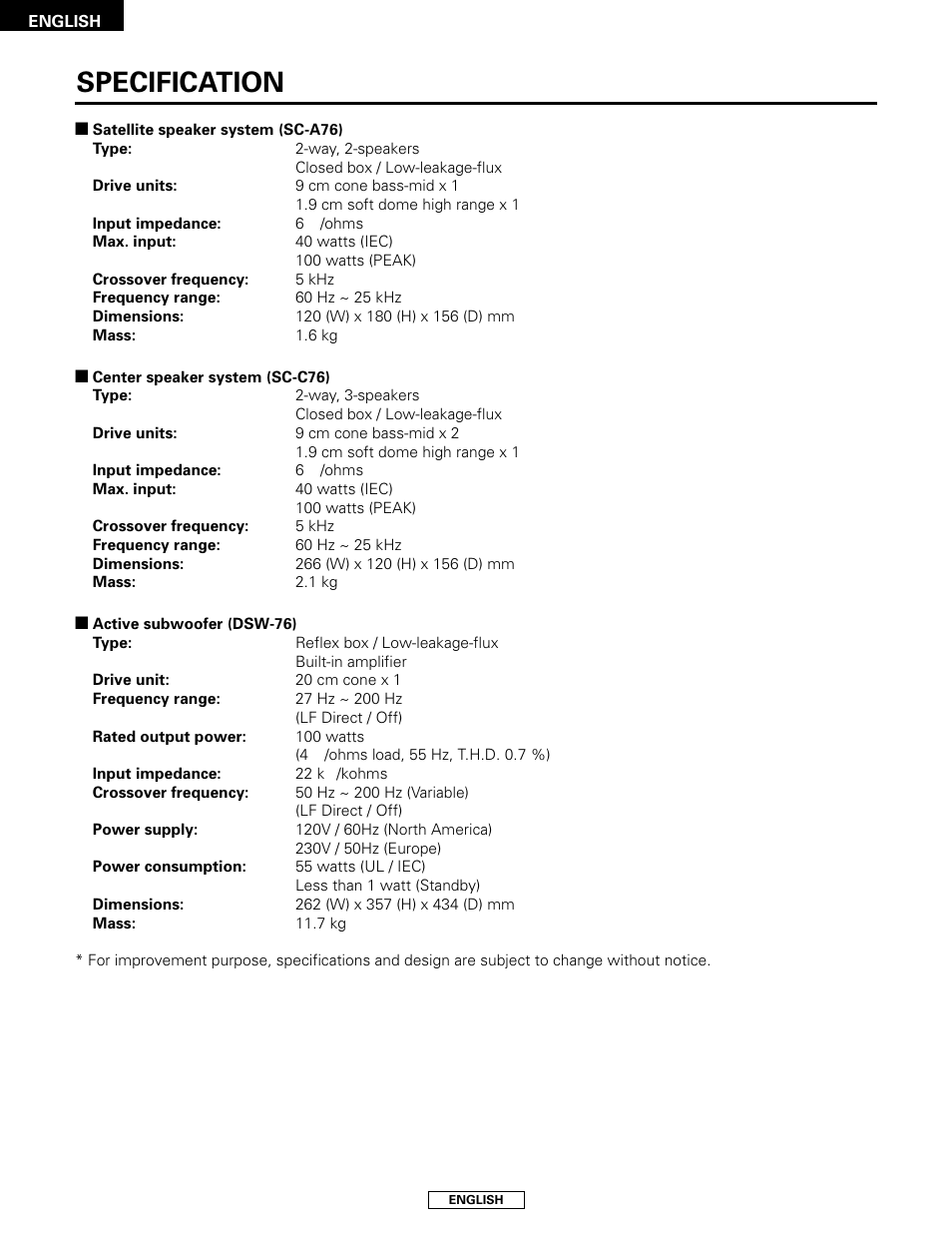 Specification | Denon SYS-76HT User Manual | Page 16 / 79