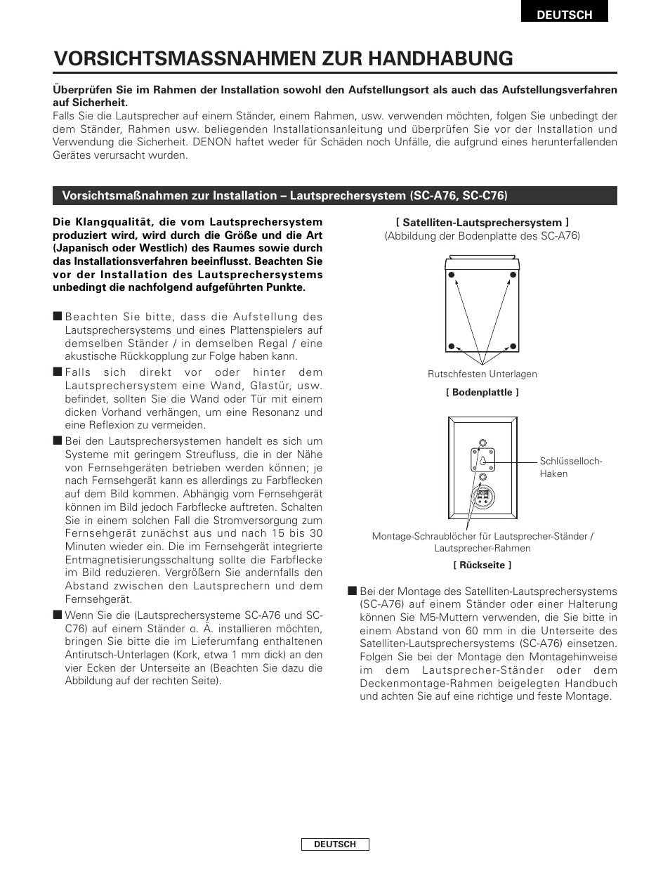 Vorsichtsmassnahmen zur handhabung | Denon SYS-76HT User Manual | Page 17 / 79