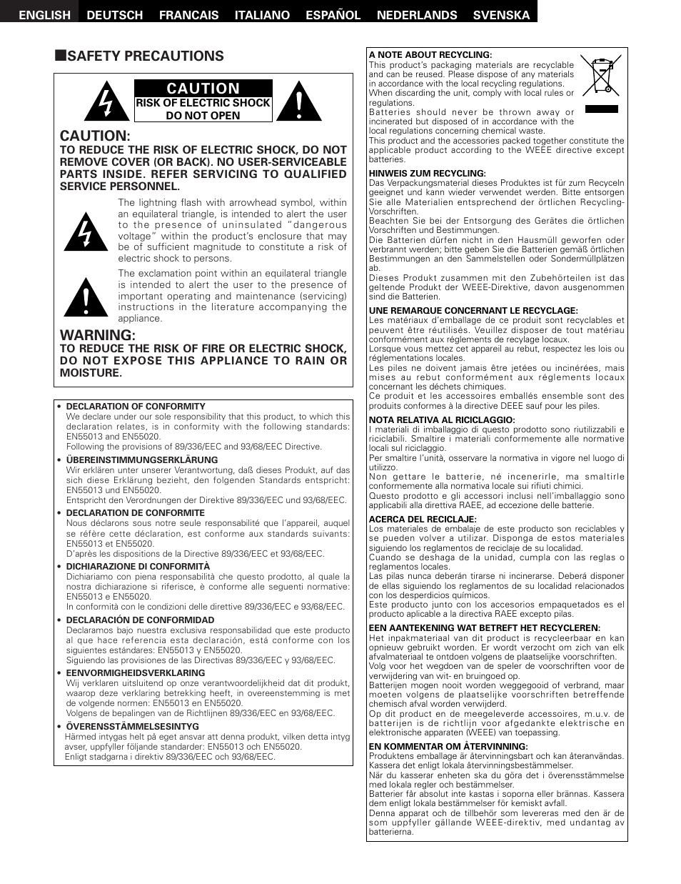 Caution, Warning, 2safety precautions | Denon SYS-76HT User Manual | Page 2 / 79