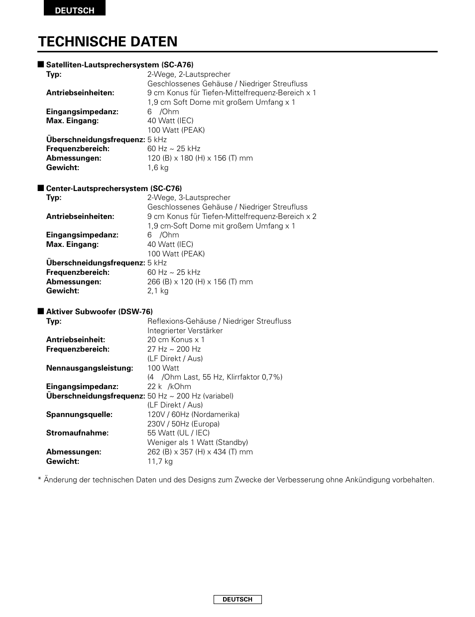 Technische daten | Denon SYS-76HT User Manual | Page 26 / 79